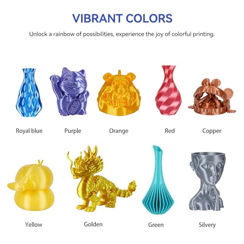Image of Kingroon Silk PLA Bundle 3D Printer Filament, Dimensional Accuracy + /- 0.03 mm, 10 kg Spool(22lbs), PLA Shiny Filament 1.75 mm（2Gold+Orange+Green+Red+Yellow+Blue+Purple+Silver+Copper, Silk PLA
