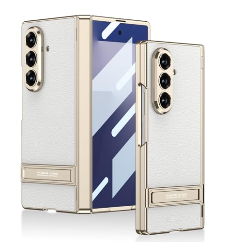 Image of Midkart Magnetic Case Compatible with Samsung Galaxy Z Fold 7 Release 2025 Hinge Protection Leather Cover with Stand Electroplated Camera Protection, White & Gold