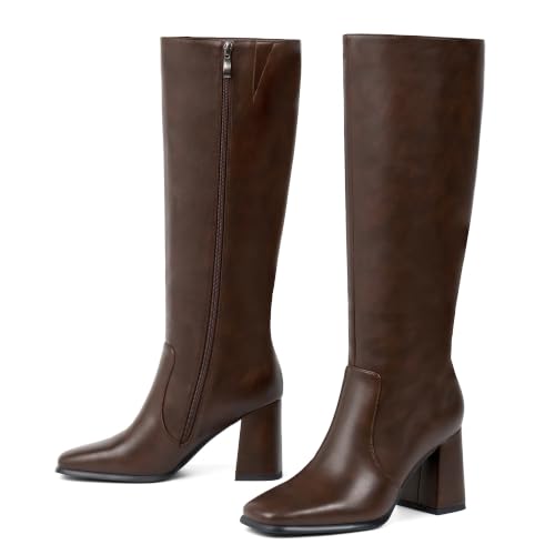 Image of Knee High Boots Women Square Toe Chunky Heel Fashion Tall Boots | Block Heel Gogo Boots with Side Zipper,Fashion Heeled Fall Winter Boots,Long Dressy Boots for Women