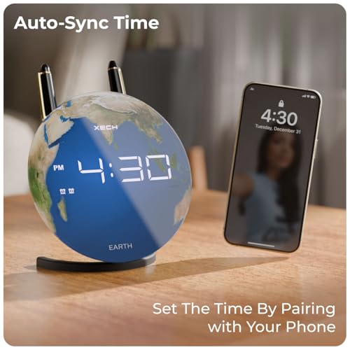 Image of Xech Digital Alarm Clock for Heavy Sleepers | Loud Dual Alarms | LED Desk Clock for Students Bedside Table | USB-C Powered | Home Decoration Items for Living Room Solaris X Lite (Earth)