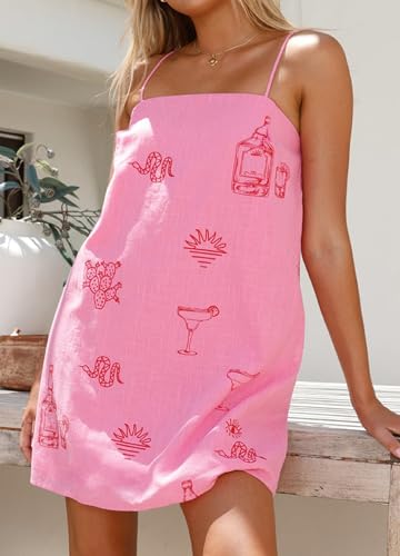 Image of NUFIWI Women Boho Graffiti Cami Mini Dress Spaghetti Strap Printed A Line Short Dress Backless Cut Out Colorful Sundress