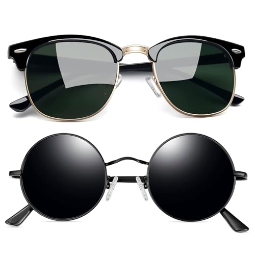 Joopin Black Hippie Round & Semi Rimless Sunglasses Bundle, Unisex Polarized Sun Glasses UV Protection Classic Shades for Women Men Sunnies