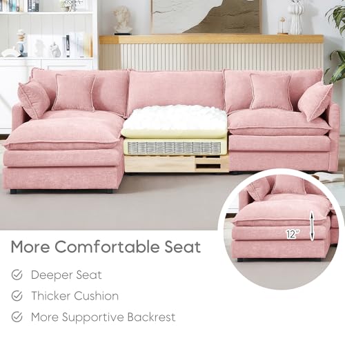 Image of 102 inch L Shaped Modular Sectional Sofa, Comfy Upholstery Chenille Cloud Couch with Ottoman, Modern 4-Seat Deep Seat Sofa with Pillow for Living Room, Bedroom, Apartment, Pink