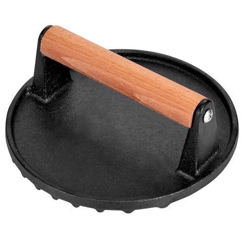 Whaleme Smashed Burger Press, 7” Round Heavy-Duty Cast Iron Smash Meat Steak with Wooden Handle for Blackstone Griddle, Juicy and Crispy Burgers for BBQs, Cookouts