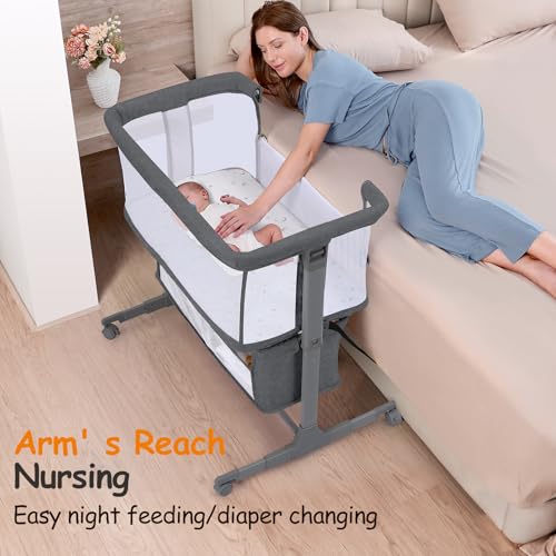Growaystory Beistellbett Baby Bettseitiger Bassinet für Neugeborene Tragbarer Baby Bett mit Rädern Aufbewahrungskorb Matratze 7-Fach Höhenverstellbar Zustellbett (Dunkelgrau)