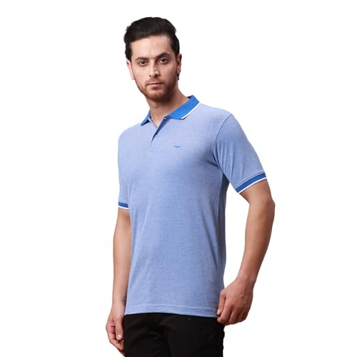 Image of Park Avenue Men's Cotton Polyester Blend Stripe Pattern Slim Fit Rib Collar Polo Neck Half Sleeve Casual T-Shirt