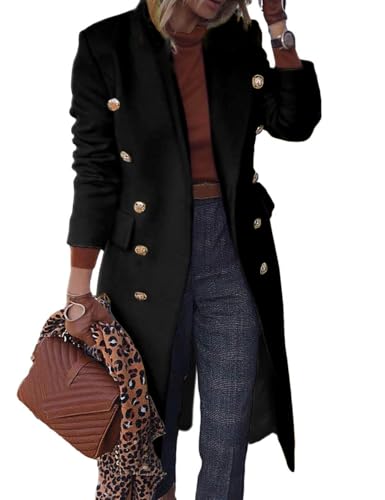 IDEALSANXUN Langer Wollmantel für Damen, Herbst, Winter, Trenchcoat, zweireihig, elegante Jacken, Schwarz, X-Large
