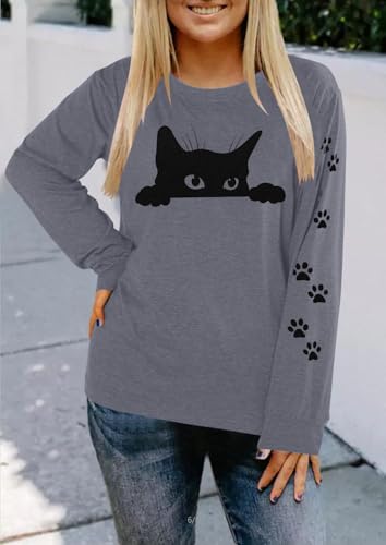 Image of JINTING Cat Shirts for Women - Loose Fit Lightweight Long Sleeve Graphic Autumn Outfits Printed Blouse Casual Tops