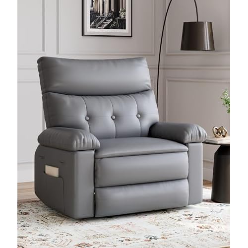 GarveeHome Oversized Leather Recliner Chair, Swivel Rocker Manual Recliner for Adults, Lazy Rocking Chair with Comfort Arms and Back Single Sofa for Living Room Grey Large