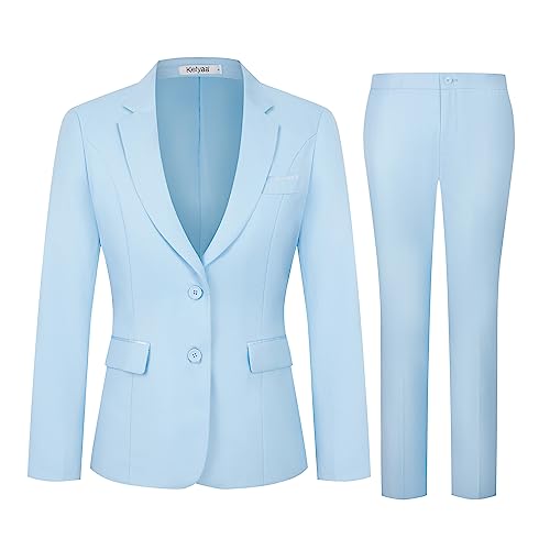 Kelyaa Women's 2 Piece Suit Lady 2 Button Notched Lapel Business Work Office Slim Fit Blazer Jacket Pants Set Light Blue