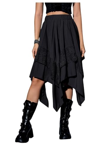 Verdusa Women's Renaissance Flowy Lace Skirt Y2k Asymmetrical Layered Ruffle Midi Skirts Pirate Costume Black X-Large