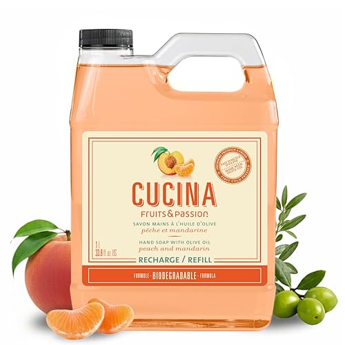 Cucina Fruits & Passion Hand Soap Refill Peach & Mandarin 1 L (33.8 fl oz) Liquid Hand Soap with Moisturizing Olive Oil Biodegradable Vegan Formula Kitchen & Bathroom