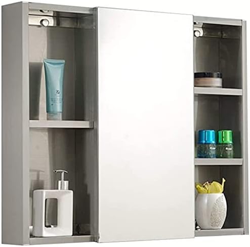 Amazon 洗面化粧台 ミラーキャビネット おしゃれ ミラーウォールマウント 壁掛け鏡 防水キャビネット ラックが付いているミラーキャビネットのバスルームのステンレススチールのロッカー バスルーム 壁飾り鏡 浴室化粧鏡 スペースを節約する 便利な収納 Color Silver