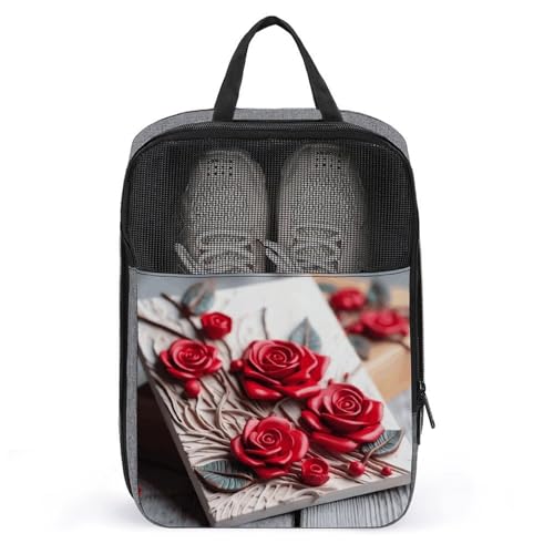 Roses on Wooden Board Shoe Bags for Travel Water-Resistant Shoes Pouch with Handle Fashion Shoe Organizer with Zipper Closure Portable Sneaker Carrier for Men & Women Daily Use