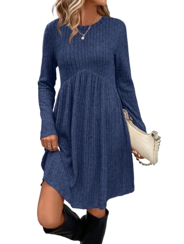 Image of OFEEFAN Long Sleeve Dress for Women Crew Neck Empire Waist Tunic Dress with Pockets