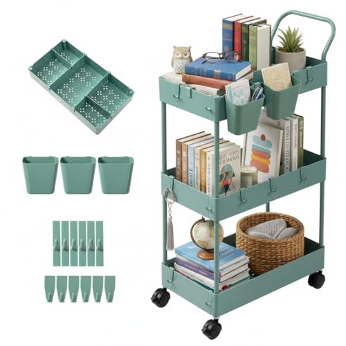Image of danpinera Storage Cart on Wheels, 3 Tier Bathroom Cart Organizer Slim Laundry Narrow Shelf with Wheels Dividers Hanging Cups Hooks Handle Easy Assembly, Green