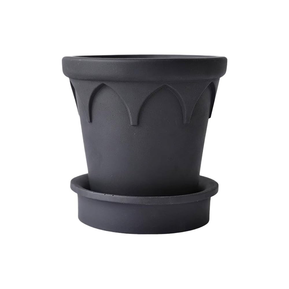 LIBANGRONG-888 Plant Pots Round Cement Flower Pot, with Drainage Hole and Saucers, Basin Mouth with Geometric Textures Relief Plant, for Bedroom Windowsill Garden Flower Planter Pot(Black)