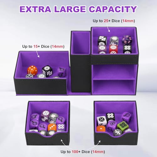 Jaffzora 3-in-1 Würfelturm & Würfelaufbewahrungsbox, magnetische Leder-Würfelschale, tragbarer Würfelhalter für Dungeons & Dragons, MTG, RPG und Tabletop-Spiele, Schwarz und Violett