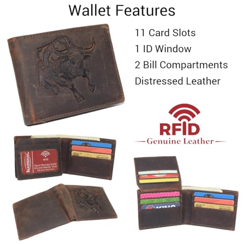 MARSHAL Bifold Western Cowboy Style Men's Vintage Leather Rodeo RFID Blocking Wallet – Bull Engraved Design (Brown)2