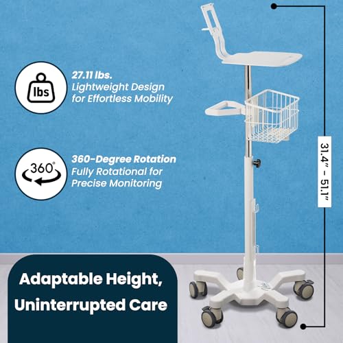 Image of VivaDiagnostics Rolling Stand Vital Signs Monitor for WE 7000 Series Connex Spot, (Monitor NOT Included), Blood Pressure Cuff Basket, Work Surface, Adjustable Pole, and Cord Organizer