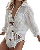 Zicozy Beach Coverup for Women, Swimsuit Coverup Long Sleeve, Bikini Cover Up Shirt, Bathing Suit Cover Ups for Pool White