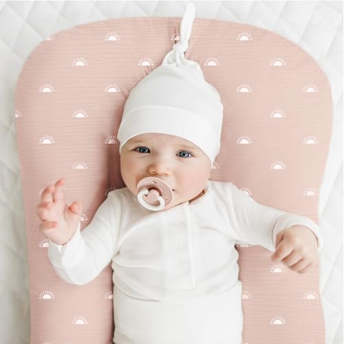 Image of Konssy Muslin Baby Lounger Cover 2 Pack, 100% Cotton Newborn Lounger Cover, Soft and Breathable Baby Nest Slipcover for Boys Girls (Pink Sun,Khaki Leaf)