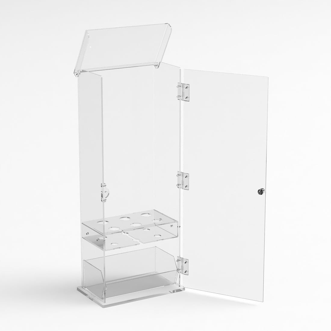 Porta coni gelato in plexiglass trasparente a 6 fori con vaschetta porta cucchiaini e con sportello - Misure: 22 x 13 x H61 cm