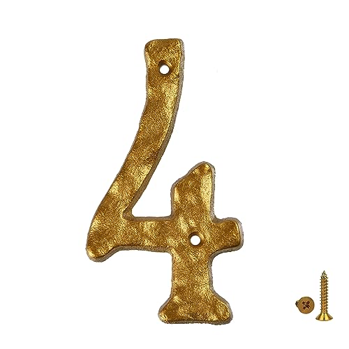 HILAZA House Number 4 for Outside, 5.5 Inch Cast Iron Metal Home House Address Numbers, Golden