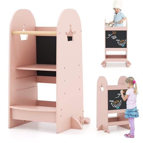 HONEY JOY Kitchen Step Stool for Toddlers, Children Wooden Standing Tower w/Safety Rail, Montessori Foldable Kids Learning Stepping Stool for Kitchen Counter (Pink)