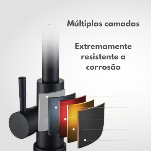 Torneira Para Pia e Cozinha Gourmet Preta Fosco Monocomando Cone 2 Jatos Extensível Quente e Fria de