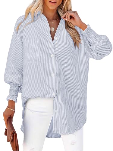 Cuptacc Camisa Mujer Manga Larga Elegantes Rayas V-Neck Blusa con Botones Puños Plisados Top Holgada Clásico Camisas con Bolsillo Rayas Azul Oscuro XXL
