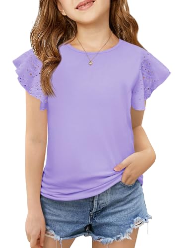 Image of Imily Bela Girls Ruffle Sleeve Shirts Crewneck Eyelet Tops 4-15 Years | Cute summer casual blouse, Soft breathable eyelet fabric with ruffle sleeves, Comfortable daily shirts for kids