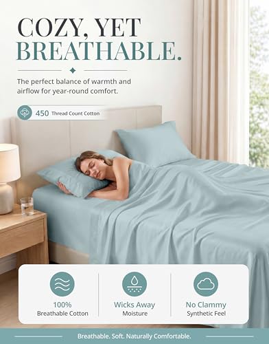 Image of LANE LINEN Full Sheets - 450TC Long-Staple Cotton, French Blue | Soft, Breathable & Cooling Full Sheet & Pillowcase Sets - Silky, 15 Inch Deep Pocket, OEKO-TEX Certified, Hotel Luxury