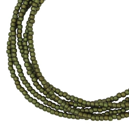 Kathy Bankston Handmade Olive Green Seed Bead Necklace, Thin 1.5mm Single Strand Green Beaded Necklace