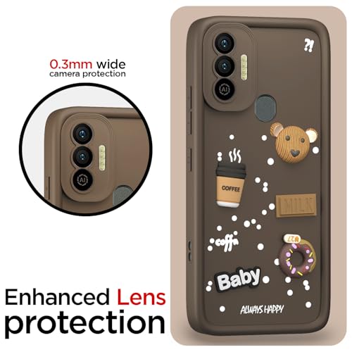 Image of Pikkme Back Cover for Tecno Spark 7 / 7T | 3D Bear Silicone Cute & Fun Coffee Cartoon | Full Body Protection Bumper Case (Brown)