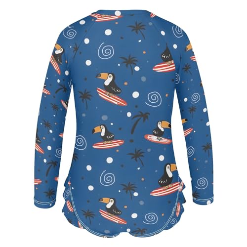 ALAZA Toucan Palm Tree Bird Blue Girls One Piece Swimsuit Long Sleeve Rash Guard Swimsuits UV 50+ Swimwear Zipper3