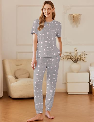 Image of Ekouaer Pajamas for Women Set 2 Pack Lounge Set Short Sleeve Pjs Joggers Long Pants Loungepwear with Pockets