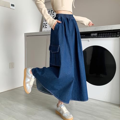 chouyatou Women's Cute Elastic High Waist Swing Jean Skirt A Line Long Midi Flare Denim Skirt with Pockets3