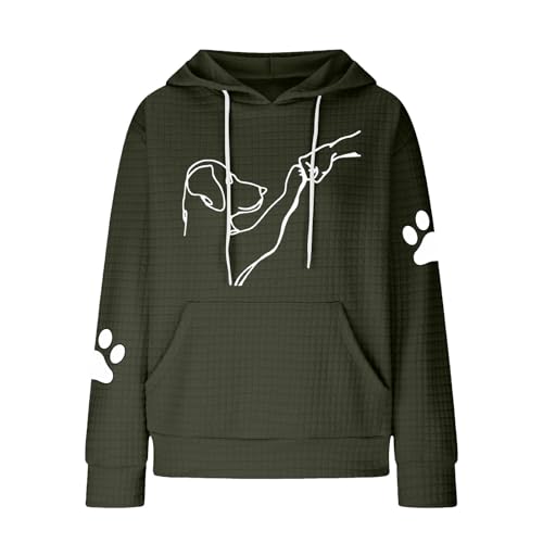 Generisch Hoodie Damen Hoodies Und Sweatshirts Für Drawstring Lockere Kapuzenpullover Langarm Mit Hundemotiv Oversized Kapuzenpulli Herbst Kapuzenhoodie Tasche Gym 01-Armeegrün M