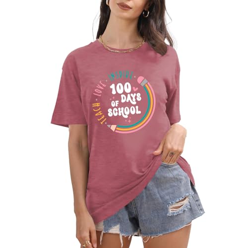 Image of 100th Day of School Shirt for Women Teacher Graphic T-Shirt Funny Teach Short Sleeve Tee Tops