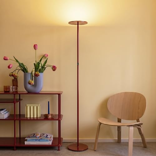 Image of Brightech Sky LED Floor lamp, Torchiere Super Bright Floor Lamp for Living Room Decor & Office - Dimmable, Tall Standing Lamp with Warm Light for Bedroom & Reading - Red