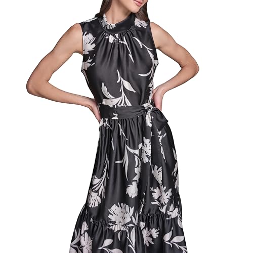 Image of Karl Lagerfeld Women's Sleeveless Mock Neck Printed Scarf Twill Boarder Print Midi Dress