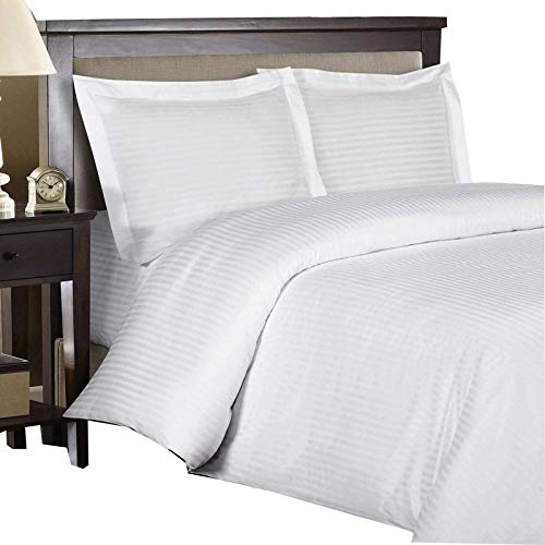 LUXURIOUS BEDDING UK Single Size 800 Thread Count Egyptian Cotton 25" Inch Deep Pocket Zipper Closure 3 PC Duvet Cover Set with Fitted Sheet White Striped
