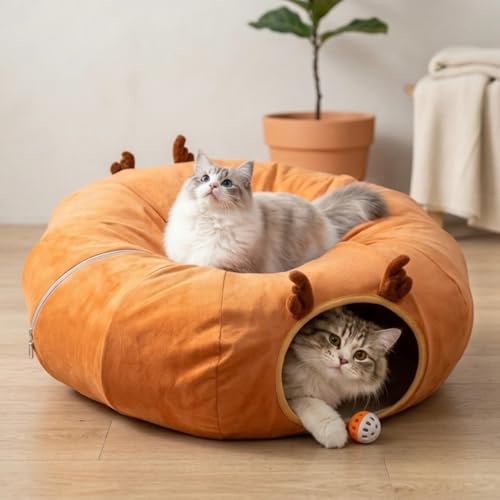 BABSY PET Cat Donut Tunnel for Indoor Cat Bed with Toy Ball Cat Tunnel & Cozy Bed Foldable Round Cat Playhouse for Indoor Cats Kittens Small Pets