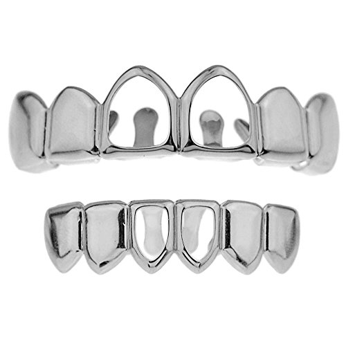 Two Open Face Front Tooth Grillz Set Top & Bottom Teeth Row Silver Tone Hip Hop Mouth Grills