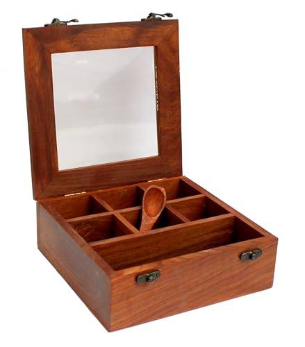 Image of ESPLANADE Wooden Masala Daani Spice Box with Transparent Top | Kitchen Spice Box Set with Wooden Spoon - 8 inch x 8 inch x 3 inch Inches - Brown | Wooden Decorative Box | Spice Organizer