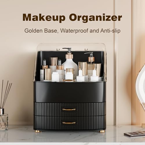 Image of Makeup Organizer Countertop Vanity with Transparent Lid Drawers Waterproof Dustproof Cosmetic Skincare Bathroom Storage Gift for Women Teens Girls (Black)
