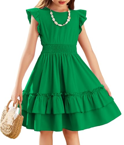 Image of Arshiner Girls Dresses Flutter Sleeve A-Line Sundress Casual Summer Tiered Swing Midi Pocket Dress