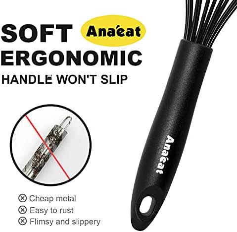 ANAEAT Silicone Balloon Whisk, Perfect for Non-Stick Cookware, Milk and Egg Beater Blender, Heat Resistant Kitchen Whisks for Whisking, Cooking, Baking, Beating, Frothing & Stirring (Black)