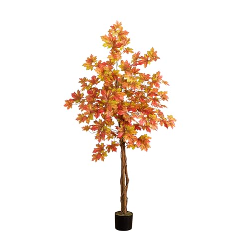 Nearly Natural 5-FT Deluxe Autumn Artificial Maple Tree, Faux Fall Décor for Home, Decorations for Fall, Autumn, Thanksgiving, and Halloween with Black Nursery Pot